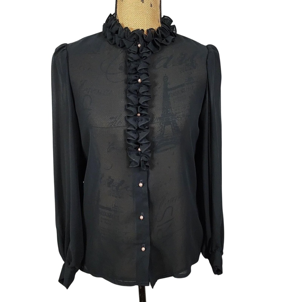 Vtg 70s JAMBOREE Size Small Couture Sheer Black Pearl Button Ruffle Neck Blouse